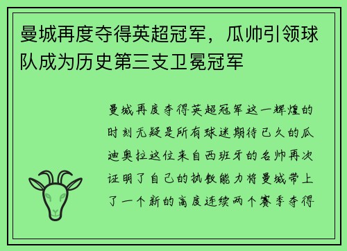 曼城再度夺得英超冠军，瓜帅引领球队成为历史第三支卫冕冠军